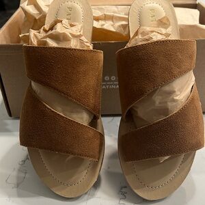 Portland Leather-Patina sand double swirl slide sandal.